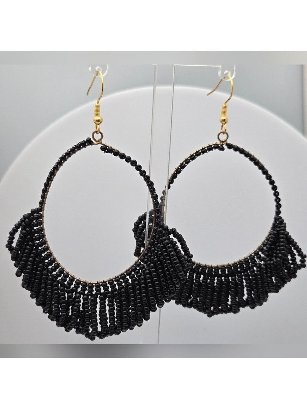 Ink + Alloy Handmade Fringe Hoop Seed Black Beads Kendra Earrings 3''